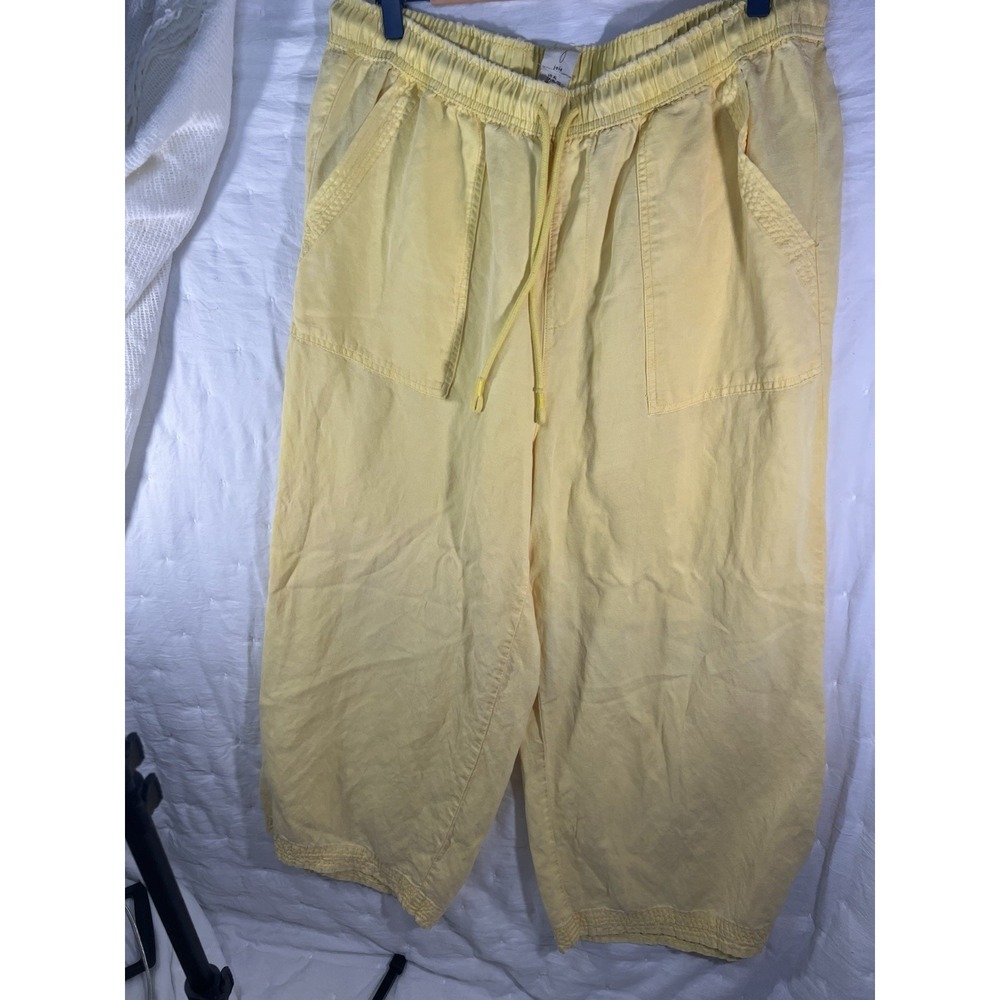 Yellow Cropped Pants Women Cotton Knit Wide-Leg Pockets Drawstring Elastic Waist